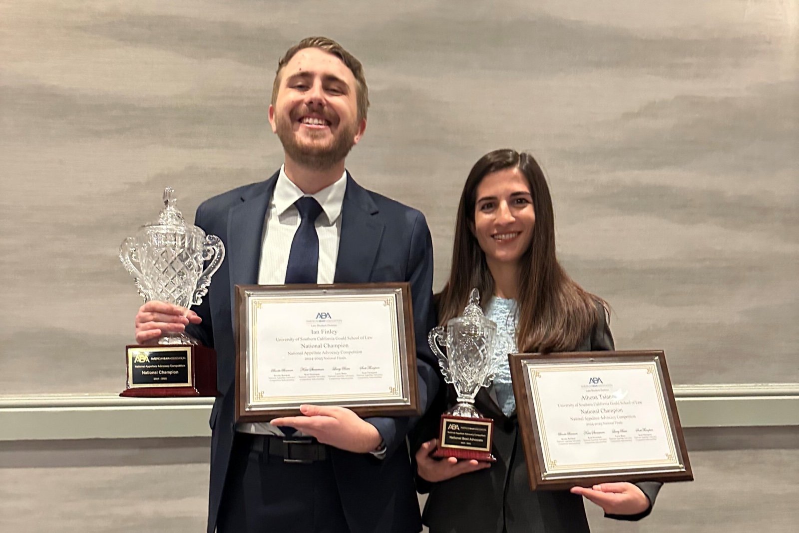 USC Gould students Ian Finley and Athena Tsianos with their ABA National Champion trophies